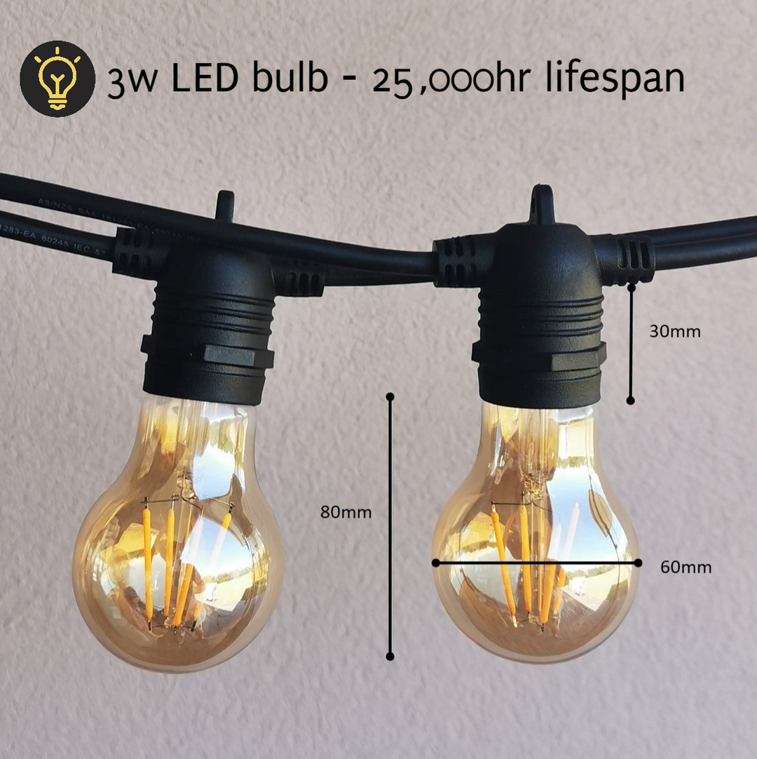 A19 Amber Bulb | 10m 20 Bulbs | Flush Mount Dimmable Festoon Lights
