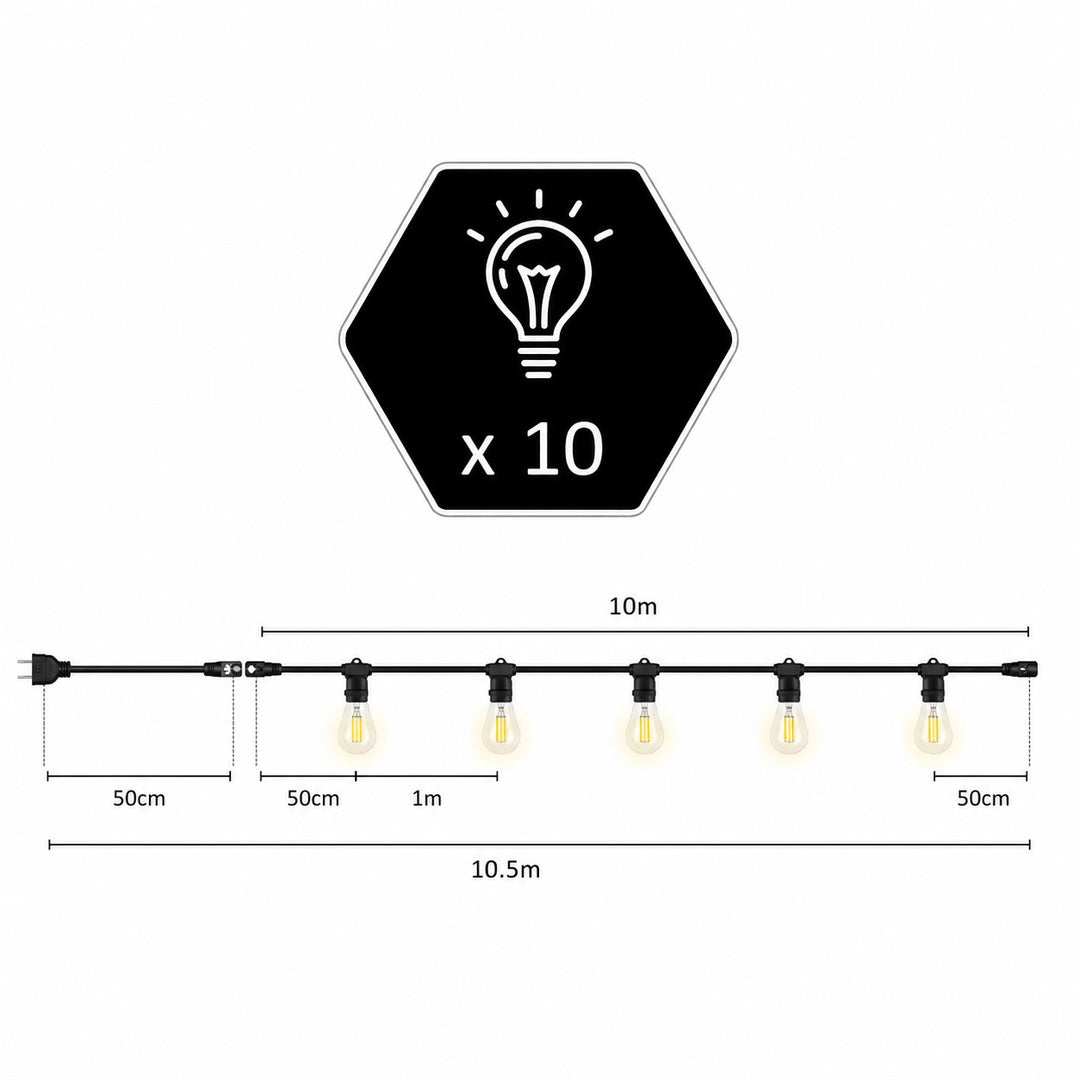 A60 Clear Bulb White Cable | 10m 10 Bulbs | Flush Mount Dimmable Festoon Lights
