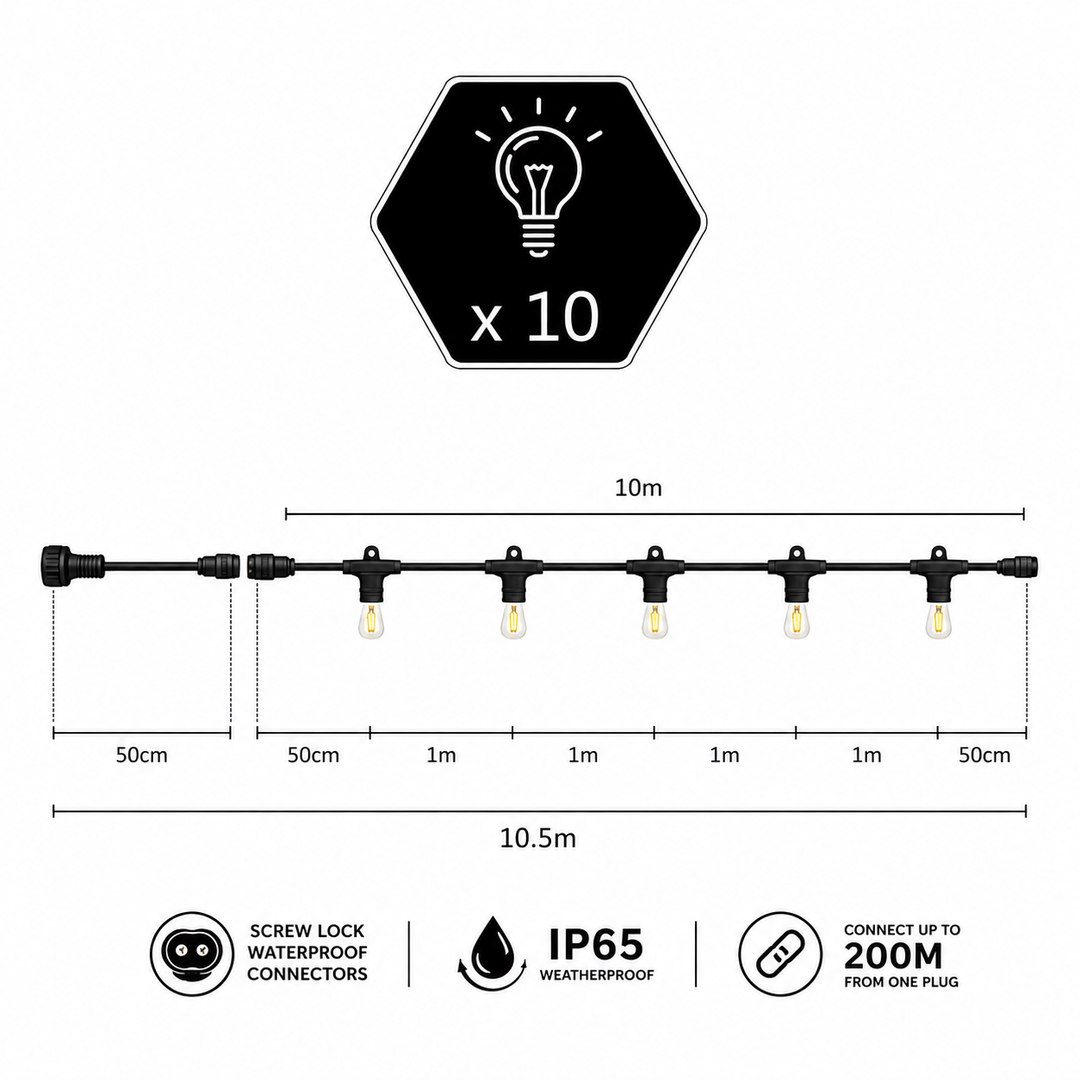 Festoon Lights | G45 Glass Bulb  | 10m 10 Bulbs | Flat Flush Mount | Connectable