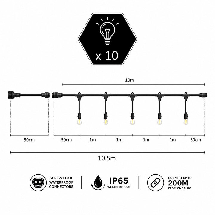 S14 Clear Bulb White Cable | 10m 10 Bulbs | Dimmable Drop Hang | White Cable