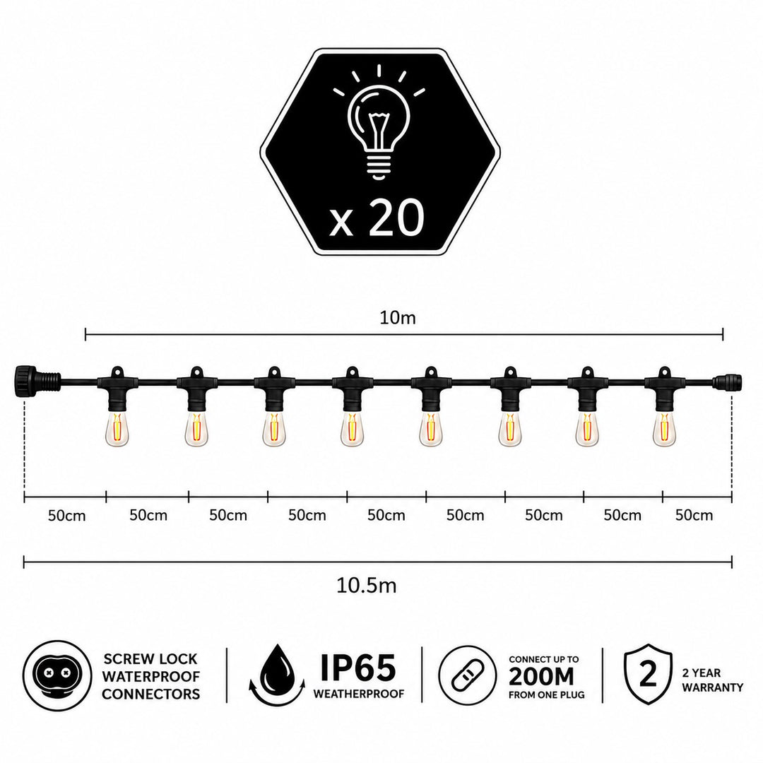 ST58 Clear Bulb | 10m 20 Bulbs | Flush Mount Dimmable Festoon Lights