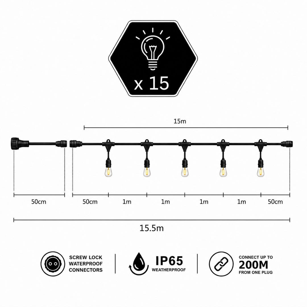 A60 Clear Bulb | 15m 15 Bulbs | Drop Hang Dimmable Festoon Lights