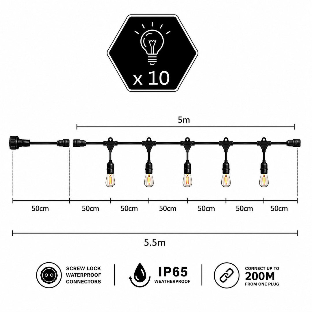 A19 Bulb | 5m 10 Bulbs | Drop Hang Dimmable Festoon Lights