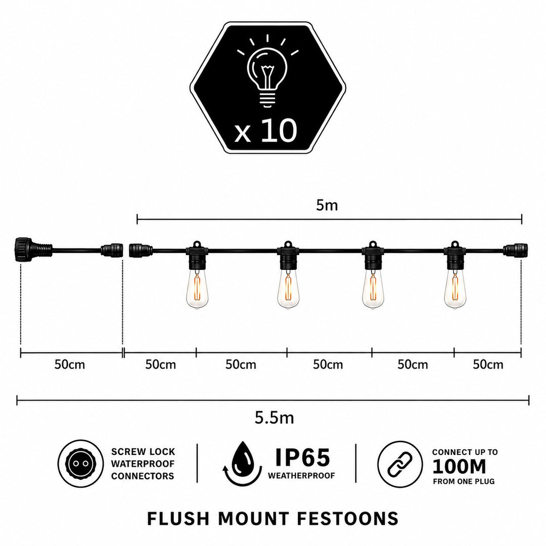 Festoon Lights | G80 Amber Bulb | 5m 10 Bulbs | Flush Mount | Connectable