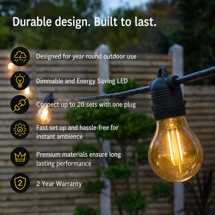 A19 Amber Bulb | 5m 10 Bulbs | Flush Mount Dimmable Festoon Lights