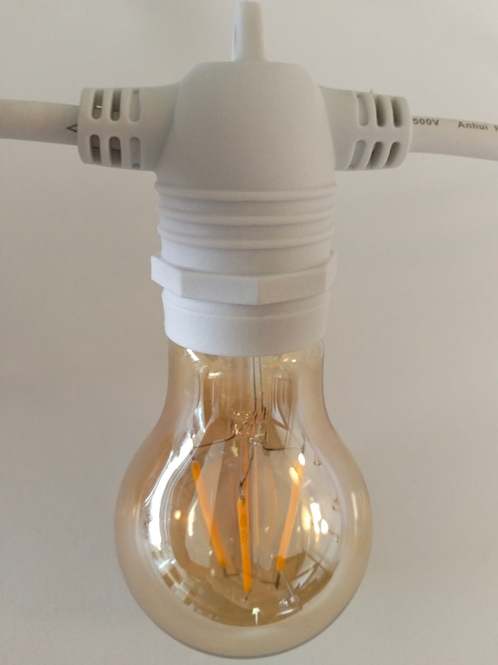 A19 Amber Bulb White Cable | 10m 10 Bulbs | Flush Mount Dimmable Festoon Lights