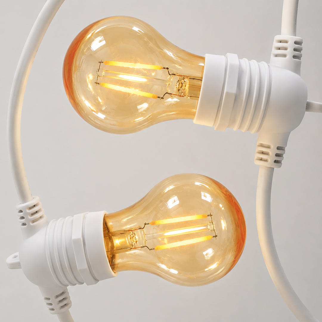 A60 Amber Bulb White Cable | 10m 10 Bulbs | Flush Mount Dimmable Festoon Lights