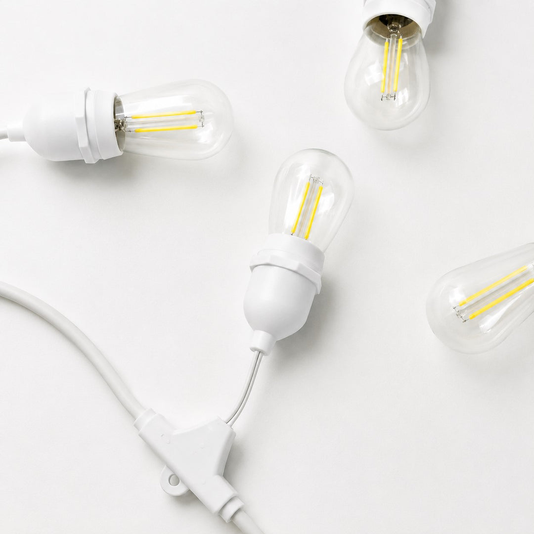 S14 Clear Bulb White Cable | 10m 10 Bulbs | Dimmable Drop Hang | White Cable