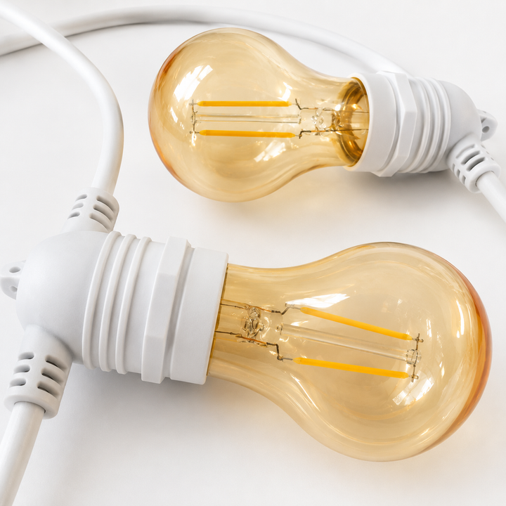 A60 Amber Bulb White Cable | 10m 10 Bulbs | Flush Mount Dimmable Festoon Lights