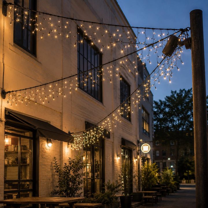 Outdoor Fringe Fairy Lights | 3m Black Rubber Cable | Connectable | 30cm Drops | Pro Series