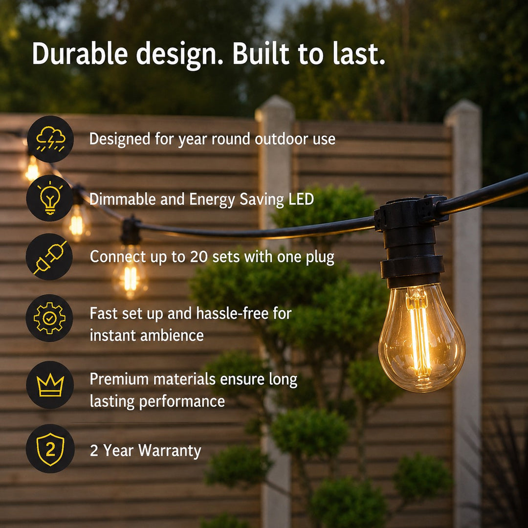 Festoon Lights | A60 Amber Bulb  | 10m 10 Bulbs | Flat Flush Mount | Connectable