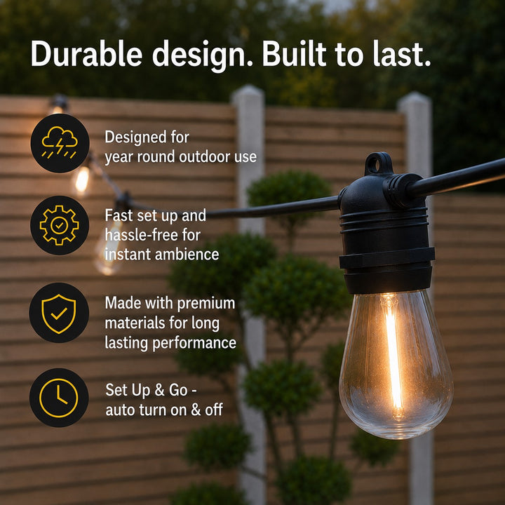 Solar S14 Festoon Lights | Flush Mount Style | 14.7m 15 Bulbs