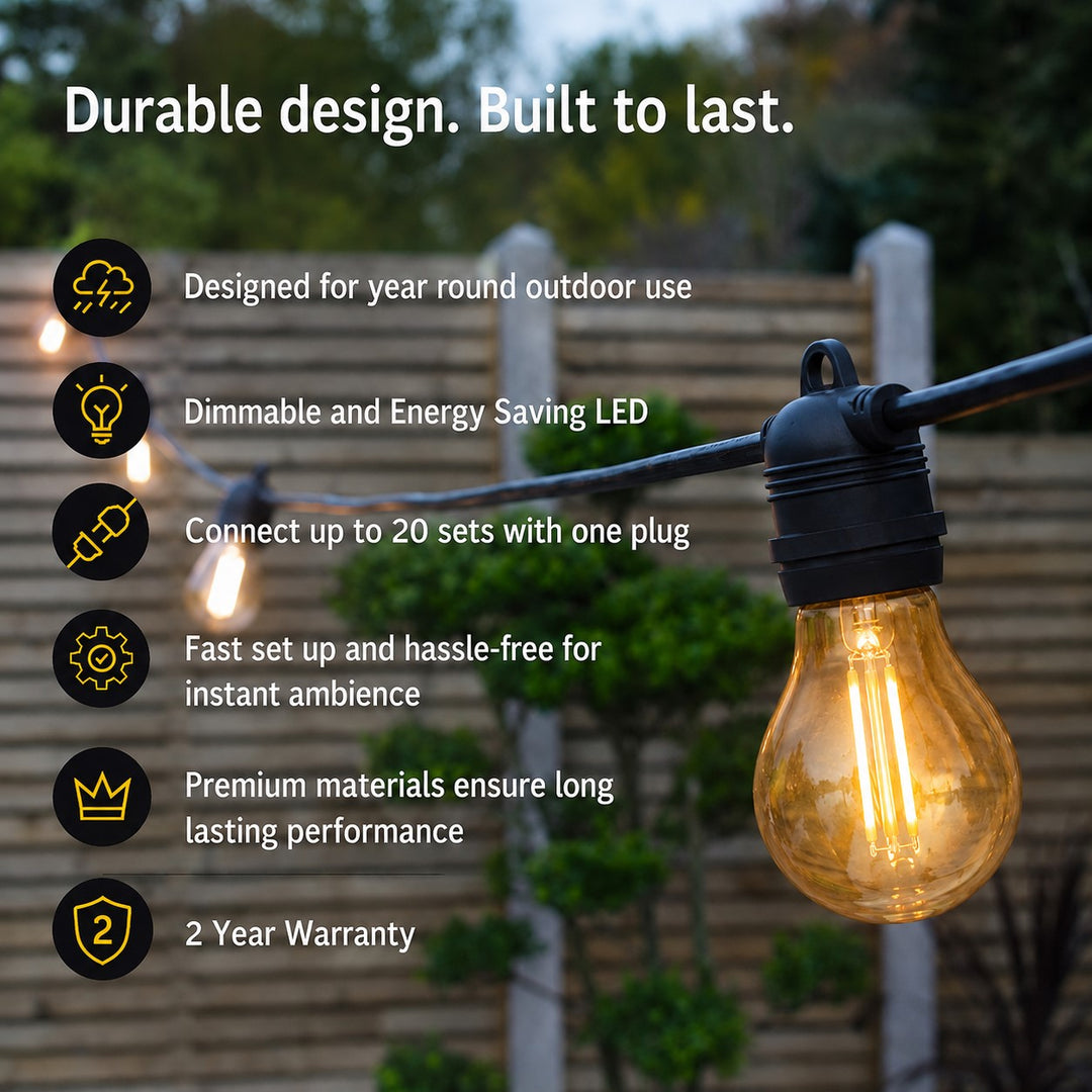 A60 Amber Bulb | 10m 10 Bulbs | Flush Mount Dimmable Festoon Lights