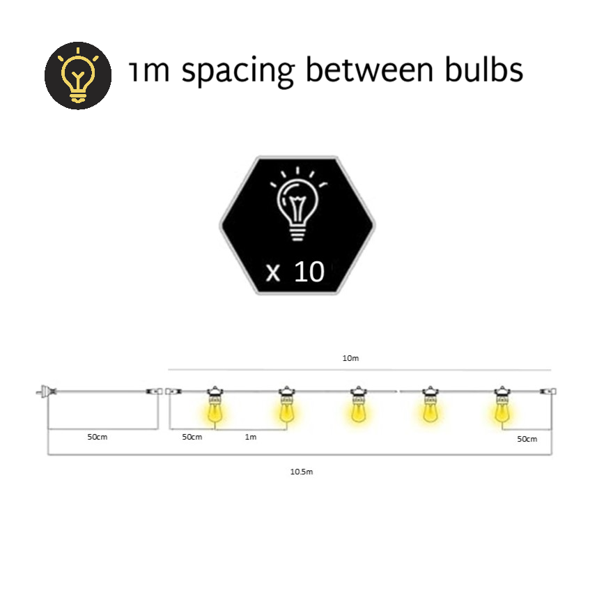 G45 Colour Bulb | 10m 10 Bulbs | Flush Mount Festoon Lights