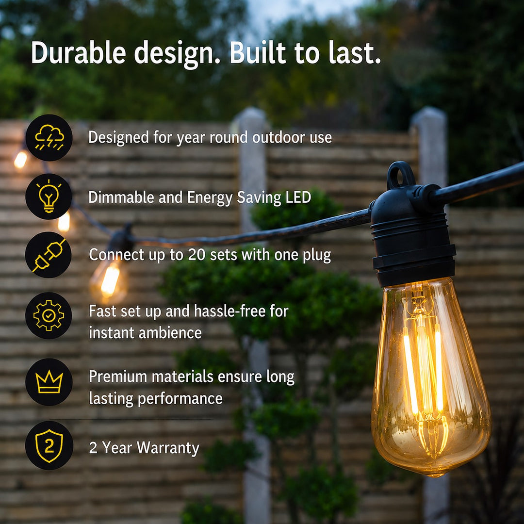 Festoon Lights | ST58 Amber Bulb | 5m 10 Bulbs | Flush Mount | Connectable