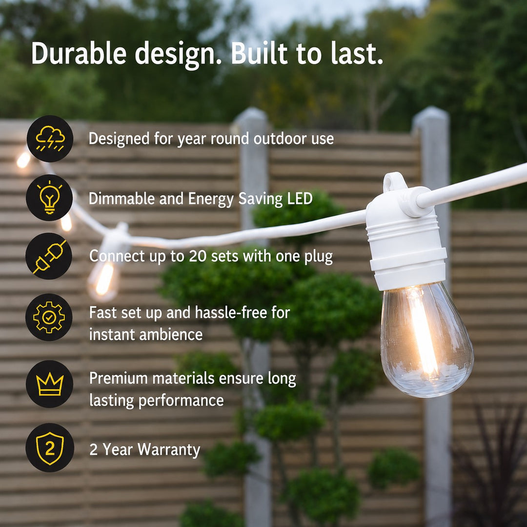 S14 Clear Bulb White Cable | 10m 10 Bulbs | Flush Mount Dimmable Festoon Lights