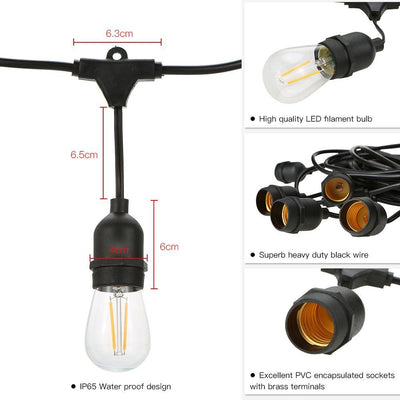 Classic Festoon Lights | 10m 10 Bulbs | S14 2w | Black Cable | Drop Hang